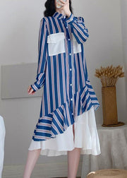 New Striped Peter Pan Collar Button Patchwork Chiffon Long Dress Spring