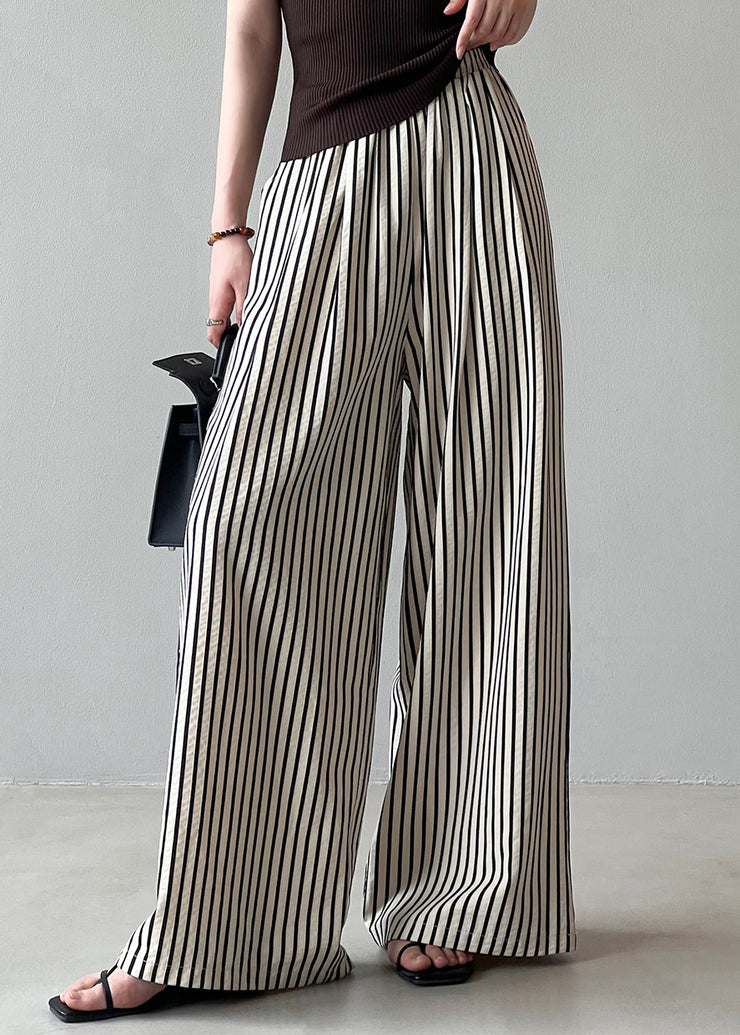 New Striped Pockets Elastic Waist Cotton Wide Leg Pants Summer