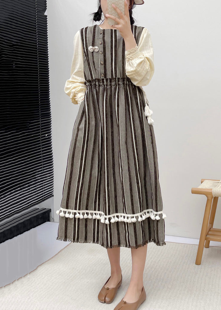 New Striped Ruffled Pockets Lace Up Cotton Dress Sleeveless