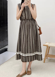 New Striped Ruffled Pockets Lace Up Cotton Dress Sleeveless