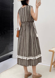 New Striped Ruffled Pockets Lace Up Cotton Dress Sleeveless