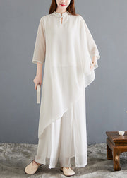 New White Asymmetrical Button Chiffon Sets 2 Pieces Half Sleeve