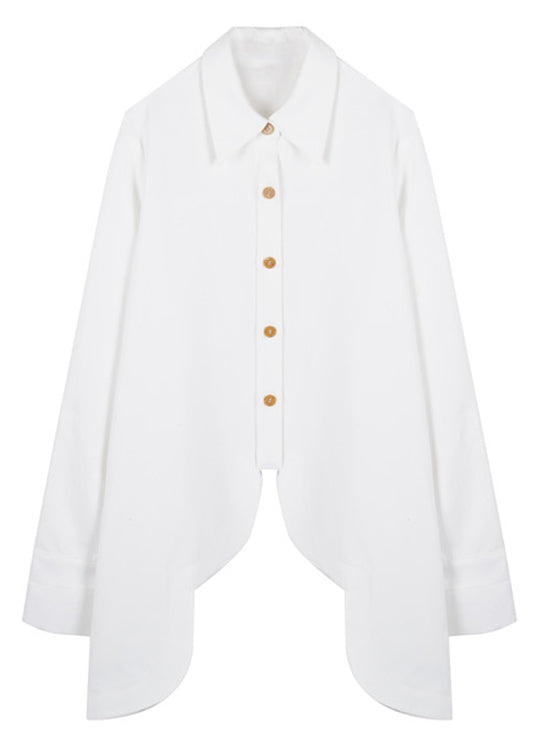 New White Asymmetrical Button Patchwork Cotton Shirt Tops Fall