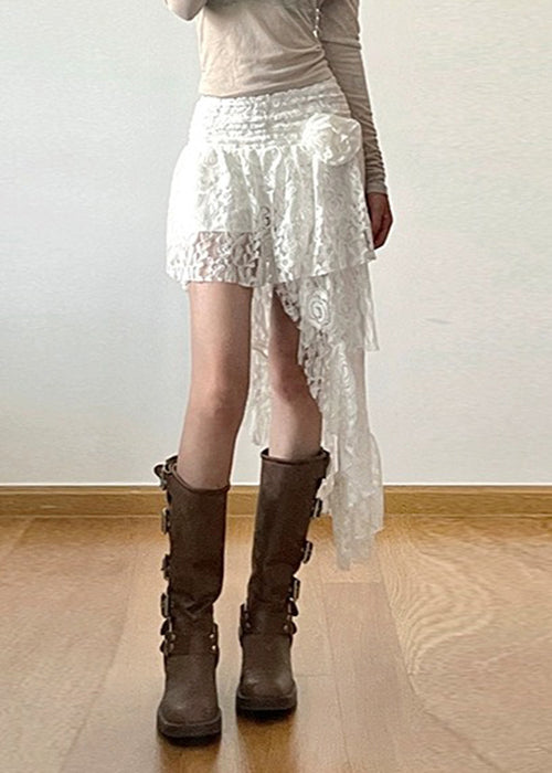 New White Asymmetrical High Waist Lace Skirts Summer