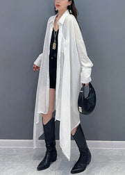 New White Asymmetrical Pockets Cotton Blouse Long Sleeve