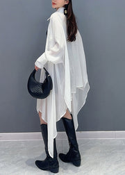 New White Asymmetrical Pockets Cotton Blouse Long Sleeve