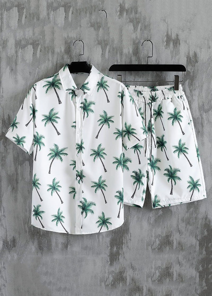 New White Button Print Elastic Waist Cotton Men Two Pieces Set Summer