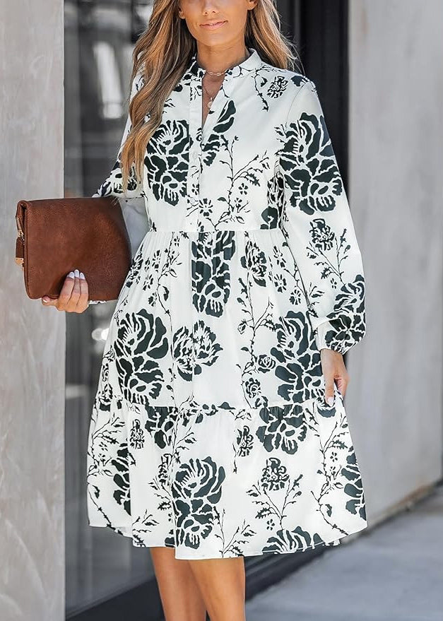 New White Button Print High Waist Cotton Dresses Long Sleeve