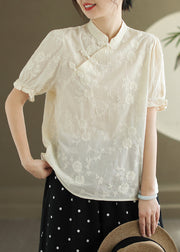 New White Embroidered Button Cotton Blouse Summer