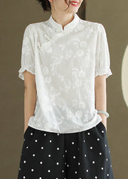 New White Embroidered Button Cotton Blouse Summer