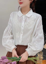 New White Embroidered Button Cotton Shirt Long Sleeve