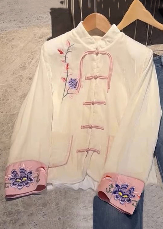 New White Embroidered Button Silk Shirt Long Sleeve