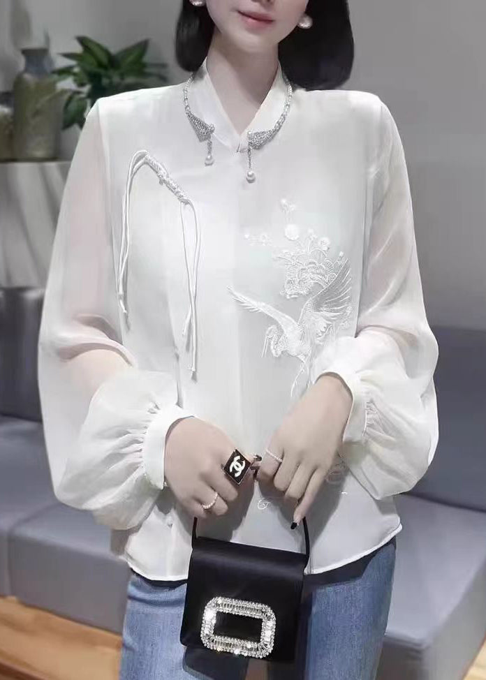 New White Embroidered Chinese Button Chiffon Shirt Spring