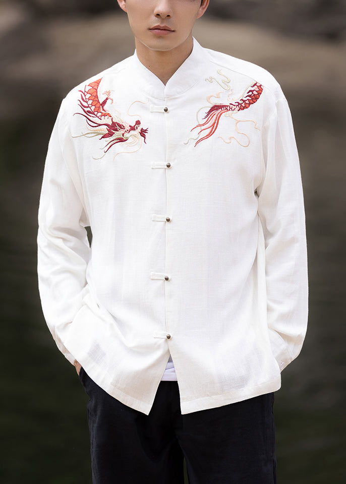 New White Embroideried Button Cotton Men Shirts Fall