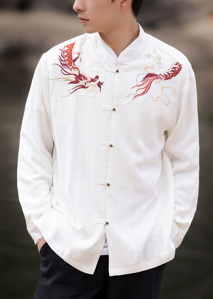 New White Embroideried Button Cotton Men Shirts Fall