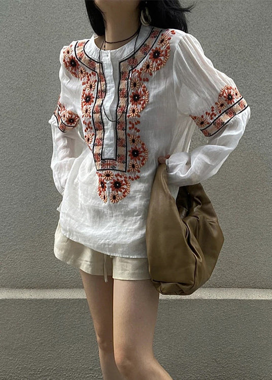 New White Embroidered Button Patchwork Cotton Blouses Fall