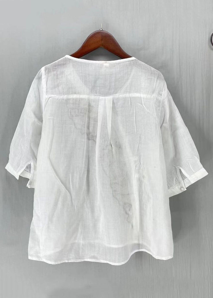 New White Embroideried Button Side Open Linen Shirt Half Sleeve