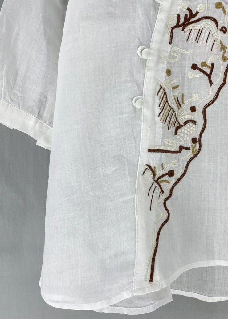 New White Embroideried Button Side Open Linen Shirt Half Sleeve