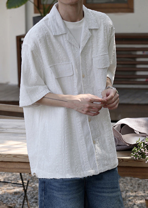 New White Hollow Out Button Cotton Men Shirt Summer