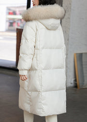 New White Hooded Zippered Duck Down Long Coat Long Sleeve