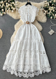 New White Lace Hollow Out Cotton Dress Sleeveless