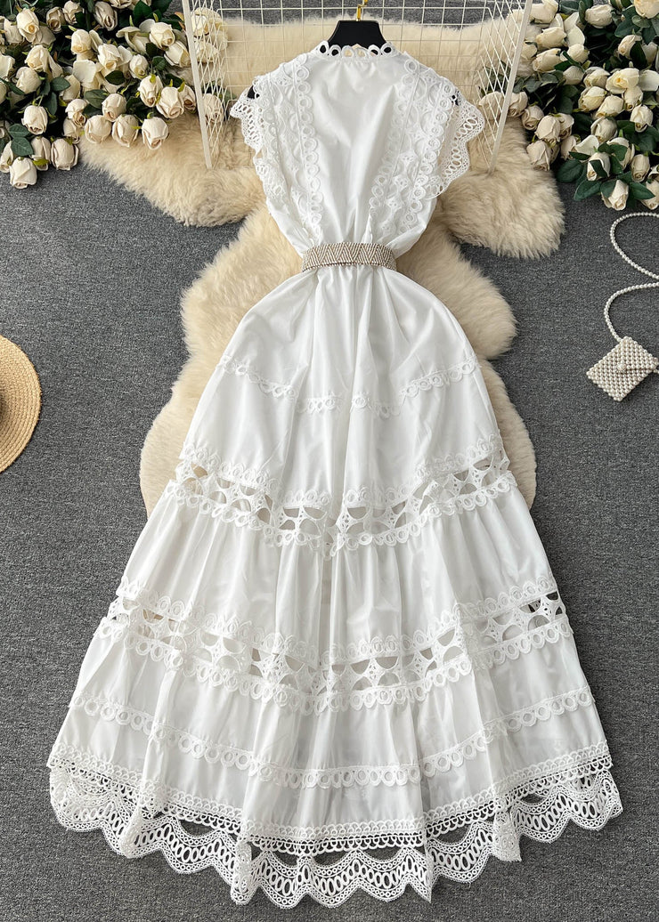 New White Lace Hollow Out Cotton Dress Sleeveless