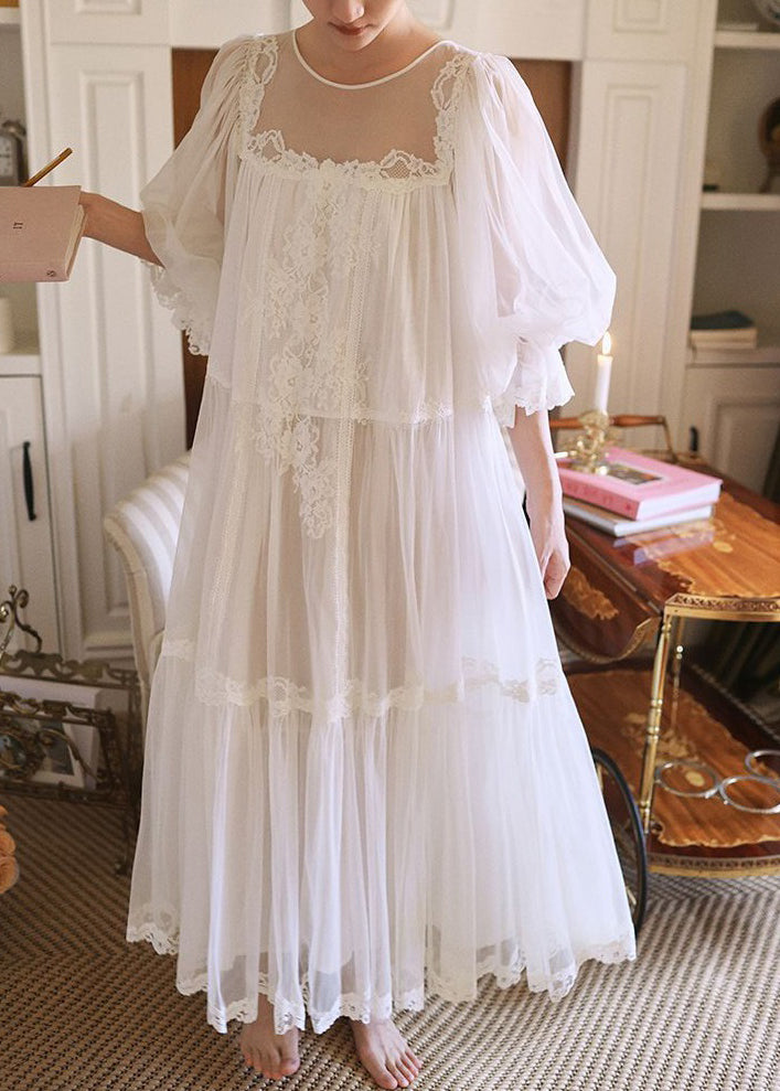 New White Lace Patchwork Tulle Pajamas Dress Lantern Sleeve