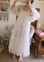 New White Lace Patchwork Tulle Pajamas Dress Lantern Sleeve