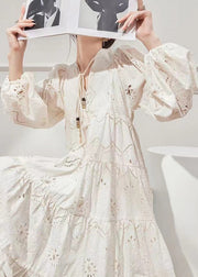 New White Lace Up Hollow Out Cotton Dress Long Sleeve