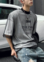 New White Letter Tulle Patchwork Men T Shirts Summer