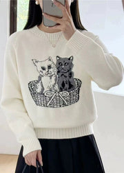 New White O Neck Animal Cozy Knit Sweaters Fall