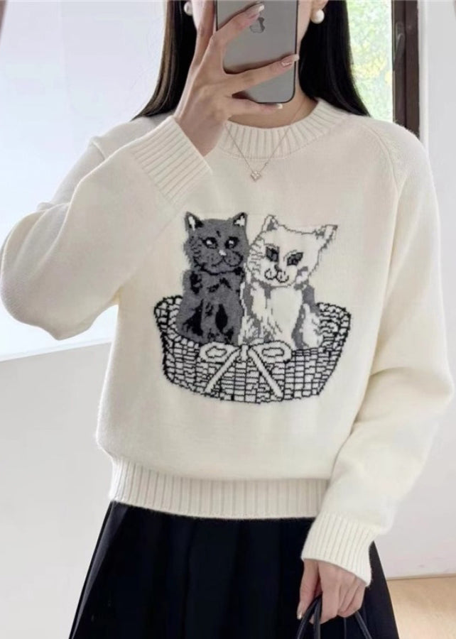 New White O Neck Animal Cozy Knit Sweaters Fall