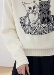 New White O Neck Animal Cozy Knit Sweaters Fall