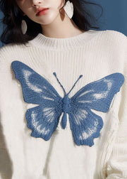 New White O Neck Butterfly Cozy Knit Sweater Fall