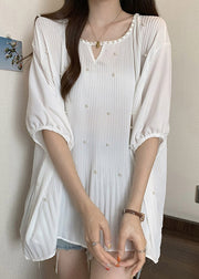 New White O Neck Nail Bead Wrinkled Shirt Tops Summer