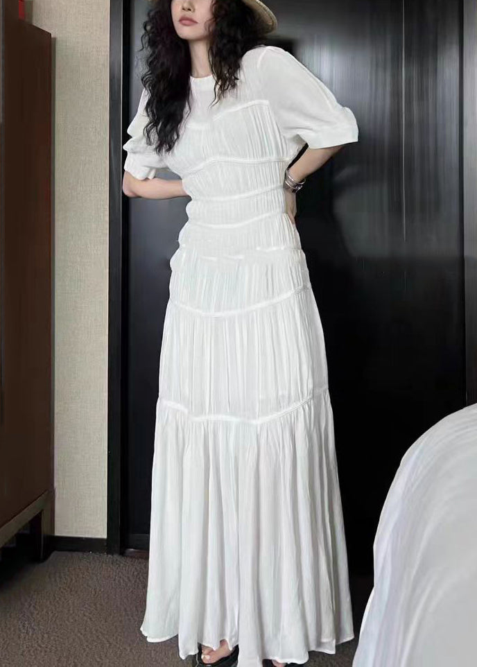 New White O Neck Wrinkled Cotton Long Dresses Summer