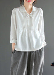 New White Peter Pan Collar Wrinkled Cotton Blouses Fall