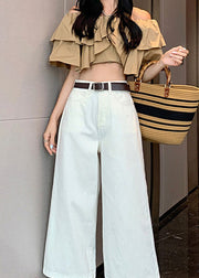 New White Pockets Thin Denim Wide Leg Crop Pants Summer