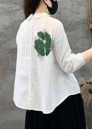 New White Print Button Linen Shirt Long Sleeve