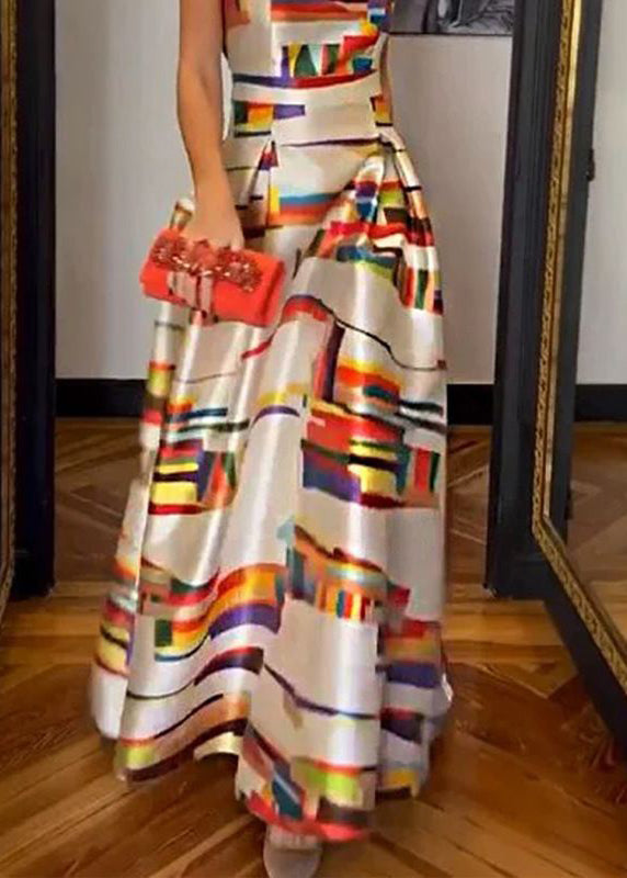 New White Print High Waist Silk Long Dress Sleeveless