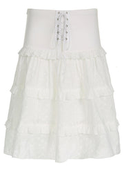 New White Ruffled Lace Up Hollow Out Patchwork Cotton Skirts Summer