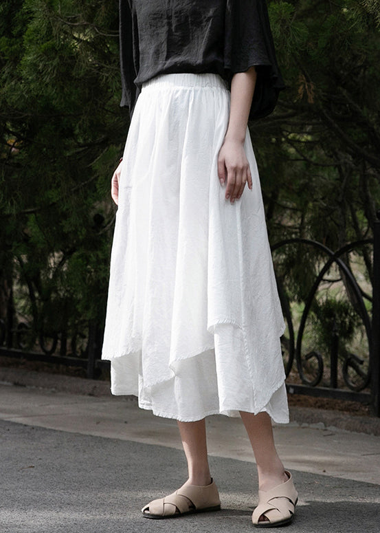 New White Solid Elastic Waist Cotton Skirts Summer