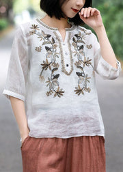 New White V Neck Embroideried Button Cotton Top Summer