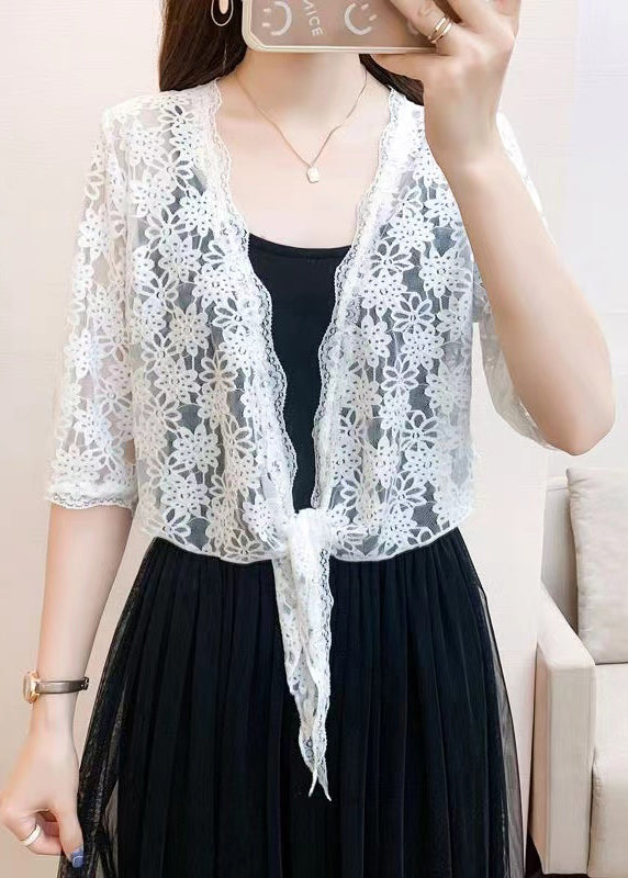 New White V Neck Lace Up Lace Cardigan Half Sleeve