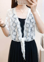 New White V Neck Lace Up Lace Cardigan Half Sleeve