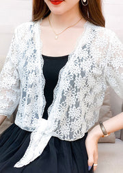 New White V Neck Lace Up Lace Cardigan Half Sleeve