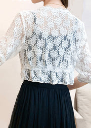 New White V Neck Lace Up Lace Cardigan Half Sleeve