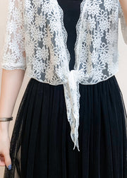 New White V Neck Lace Up Lace Cardigan Half Sleeve