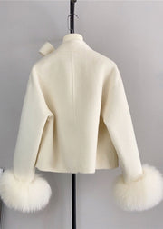 New Yellow Wool Bow Button Fox Hair Cuff Short Coat Winter