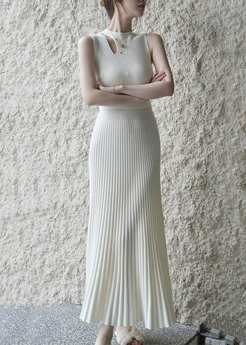 New White Wrinkled Hollow Out Knit Long Dress Sleeveless